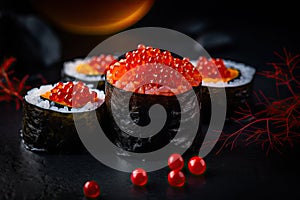 Red Caviar Sushi Rolls, Traditional Japanese Susi, Caviar Sushi Set, Abstract Generative AI Illustration