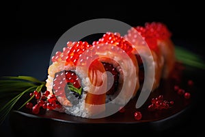 Red Caviar Sushi Rolls, Traditional Japanese Susi, Caviar Sushi Set, Abstract Generative AI Illustration