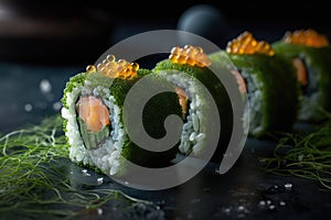 Red Caviar Sushi Rolls, Traditional Japanese Susi, Caviar Sushi Set, Abstract Generative AI Illustration