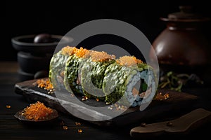 Red Caviar Sushi Rolls, Traditional Japanese Susi, Caviar Sushi Set, Abstract Generative AI Illustration