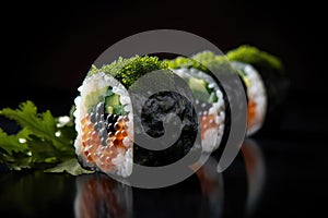 Red Caviar Sushi Rolls, Traditional Japanese Susi, Caviar Sushi Set, Abstract Generative AI Illustration