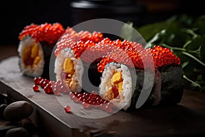 Red Caviar Sushi Rolls, Traditional Japanese Susi, Caviar Sushi Set, Abstract Generative AI Illustration