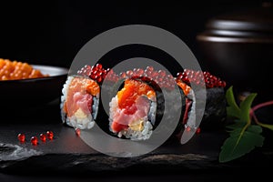 Red Caviar Sushi Rolls, Traditional Japanese Susi, Caviar Sushi Set, Abstract Generative AI Illustration