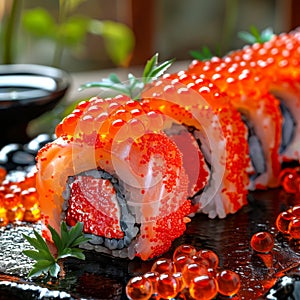 Red Caviar Sushi Rolls, Traditional Japanese Susi, Caviar Sushi Set, Copy Space