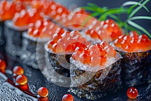 Red Caviar Sushi Rolls, Traditional Japanese Susi, Caviar Sushi Set, Copy Space