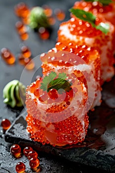 Red Caviar Sushi Rolls, Traditional Japanese Susi, Caviar Sushi Set, Copy Space