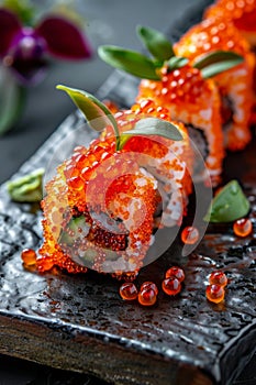 Red Caviar Sushi Rolls, Traditional Japanese Susi, Caviar Sushi Set, Copy Space