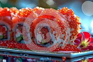 Red Caviar Sushi Rolls, Traditional Japanese Susi, Caviar Sushi Set, Copy Space