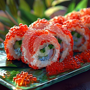 Red Caviar Sushi Rolls, Traditional Japanese Susi, Caviar Sushi Set, Copy Space