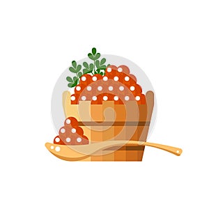 Red caviar in a wooden barrel and spoon. Roe icon vector illustration. Russian traditional snack. Caviare menu for photo