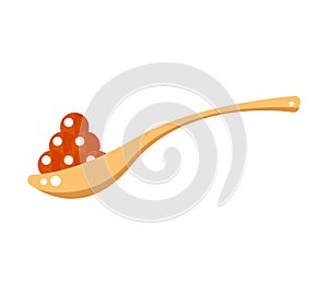 Red caviar in wooden spoon isolated on white background. Roe icon vector illustration. Russian traditional snack