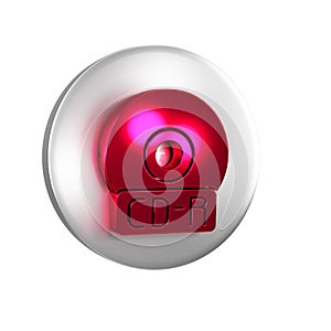 Red CD or DVD disk icon isolated on transparent background. Compact disc sign. Silver circle button.