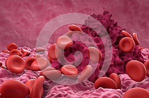 Red cells and fibrin coagulum - closeup view 3d illustration