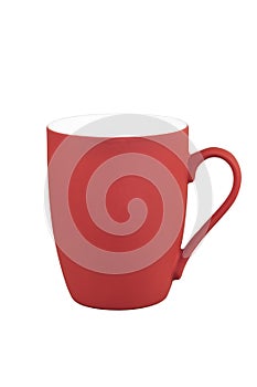 Red ceramic mug with handle closeup isolated on white background