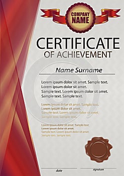 Red certificate or diploma template with wax seal. Red vertical