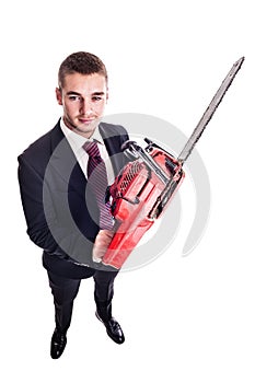 Red chainsaw businessman