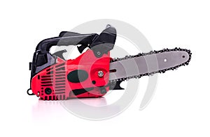 Red Chainsaw isolated on a white background.