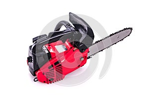Red Chainsaw isolated on a white background.