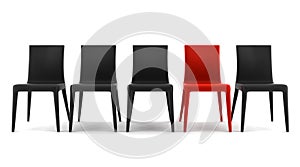 Red chair among black chairs isolated on white