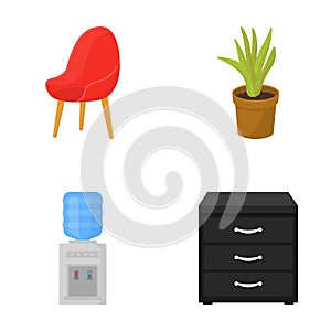 A red chair with a comfortable back, an aloe flower in a pot, an apparatus with clean water, a cabinet for office papers