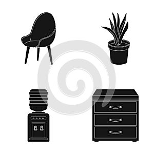 A red chair with a comfortable back, an aloe flower in a pot, an apparatus with clean water, a cabinet for office papers