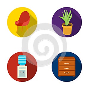 A red chair with a comfortable back, an aloe flower in a pot, an apparatus with clean water, a cabinet for office papers