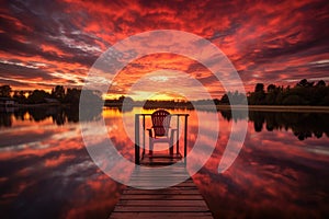 a red chair on a dock overlooking a lake during sunset