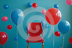 Red chair with floating colorful balloons