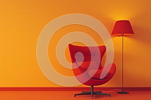 A red chair and lamp on an orange background, minimalistic modern interior, a place for reading and relax, copy space.