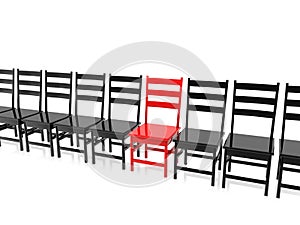 Red chair between a row of black chairs