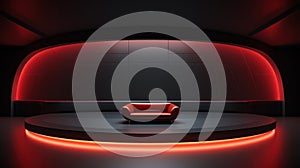 A red chair sitting in a circular room with neon lights, AI