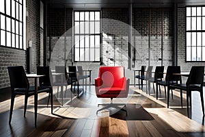 Red Chair Stands Out Among Rows Of Black Chairs. Generative AI