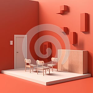 Red chair, two chairs, and table in an orange room. The chairs are arranged around table, creating cozy seating area