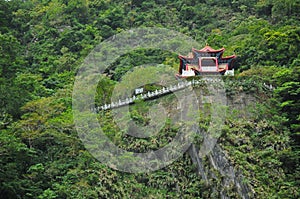Red Changchun shrine in Taroko Gorge, Hualien, Taiwan