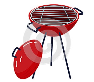 Red charcoal grill with a lid off ready for barbecue. Outdoor cooking equipment vector illustration