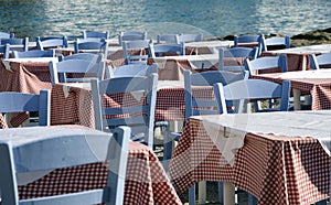 Red check tablecloths blue cha