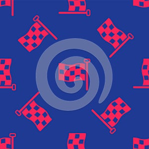 Red Checkered flag icon isolated seamless pattern on blue background. Racing flag. Vector