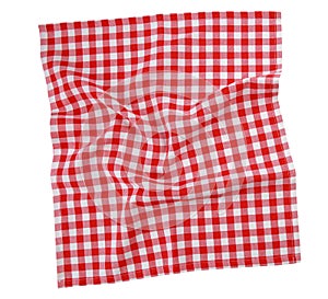 Red checkered square towel top view.Picnic blanket.Dish cloth isolated