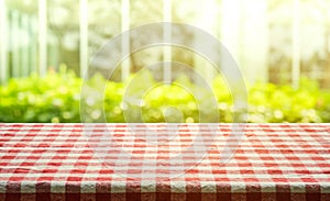 Red checkered tablecloth texture top view with abstract green from garden