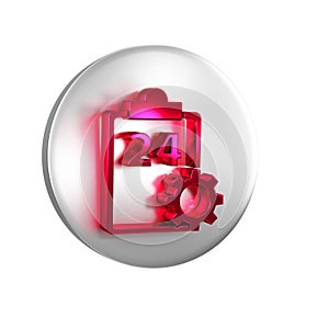Red Checklist clipboard with 24 hours service icon isolated on transparent background. Silver circle button.