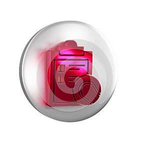 Red Checklist clipboard and tennis ball icon isolated on transparent background. Sport equipment. Silver circle button.