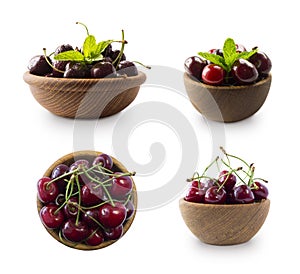 Red cherries in bowl isolated on white background. Ripe cherries close-up. Sweet and juicy berry with copy space for text. Cherrie