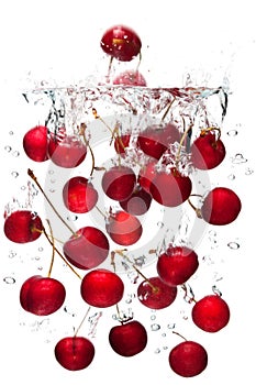 Red cherries falling in water