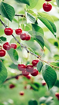 Red cherries growing on a branch of a tree with green leaves