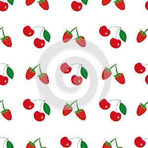 Red cherries and strawberries handdraw vector repeat pattern print background design