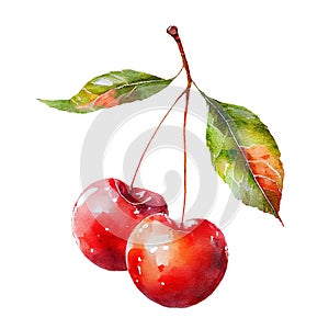 Red cherry branch with green leaves watercolor. Fruit on an isolated white background.