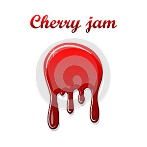 Red cherry drip confiture 3D. Berry sweet jam spot isolated white background. Drips flowing down stain. Drop realistic