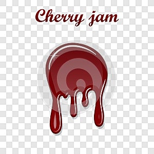 Red cherry drip confiture 3D. Berry sweet jam spot isolated white transparent background. Drips down stain. Drop