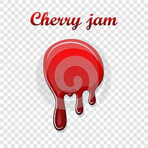 Red cherry drip confiture 3D. Berry sweet jam spot isolated white transparent background. Drips down stain. Drop