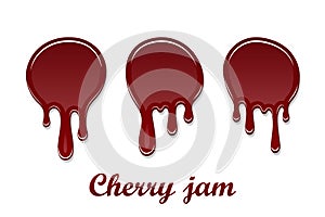 Red cherry drip confiture 3D set. Berry sweet jam spot isolated white background. Drips flowing down stain. Drop